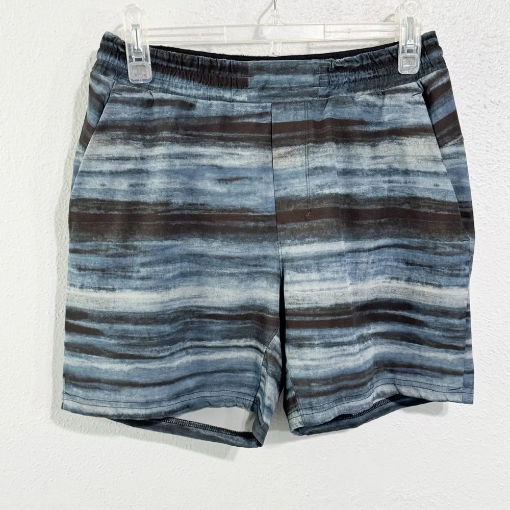 lululemon athletica Striped Blue and Black Channel swim Shorts small 5”